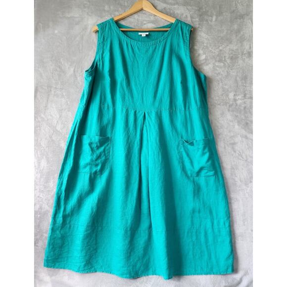 J. Jill Love Linen Dress Womens Size 2X Teal Blue Front Apron Pockets 100% - Picture 8 of 9